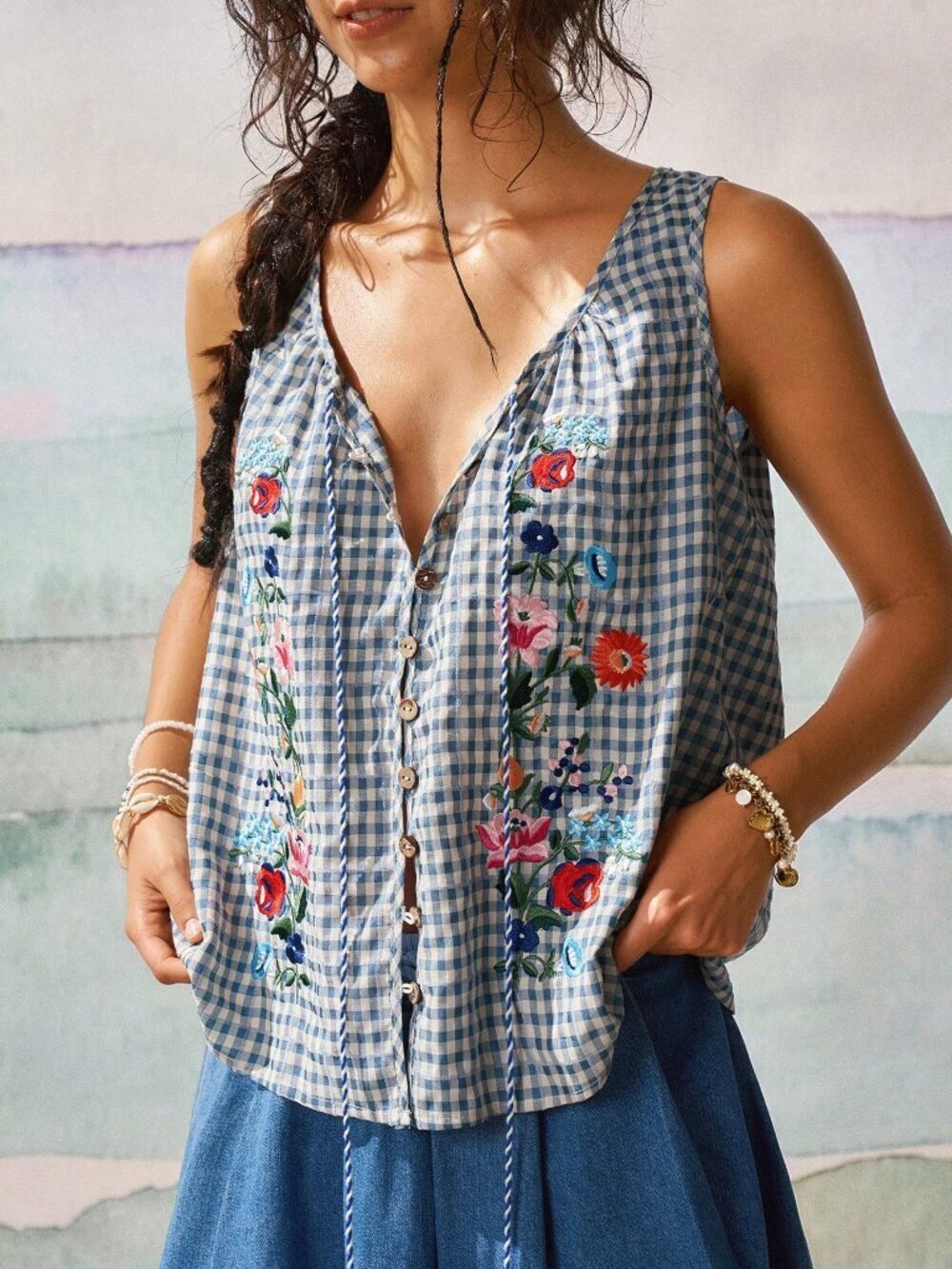 Blue Boho Women's Gingham Embroidered Sleeveless Square Neck Tassel Front Blouse
